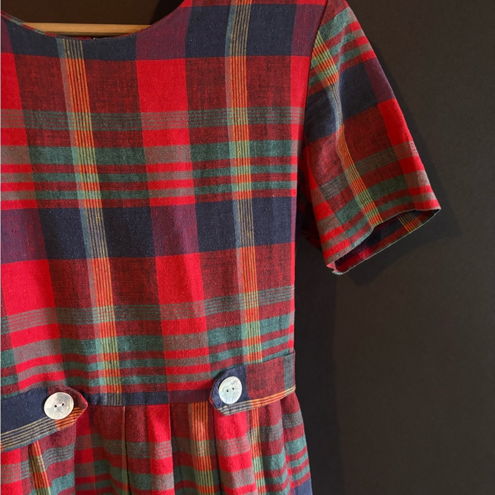 Vintage Red & Blue Plaid Midi Twee Linen Cotton Dress